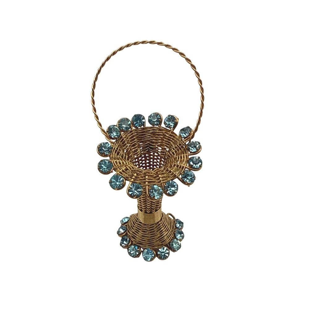 Vintage Basket Brooch Pin Womens Gold Blue Rhinestone Woven Wire Mid Century Mod